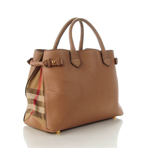 burberry grainy calfskin house check medium banner tote cognac